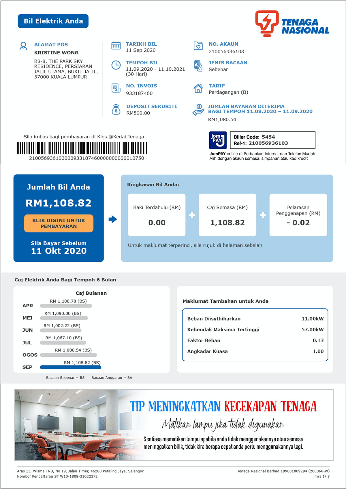 TNB OPC Online Bill Layout Page 1